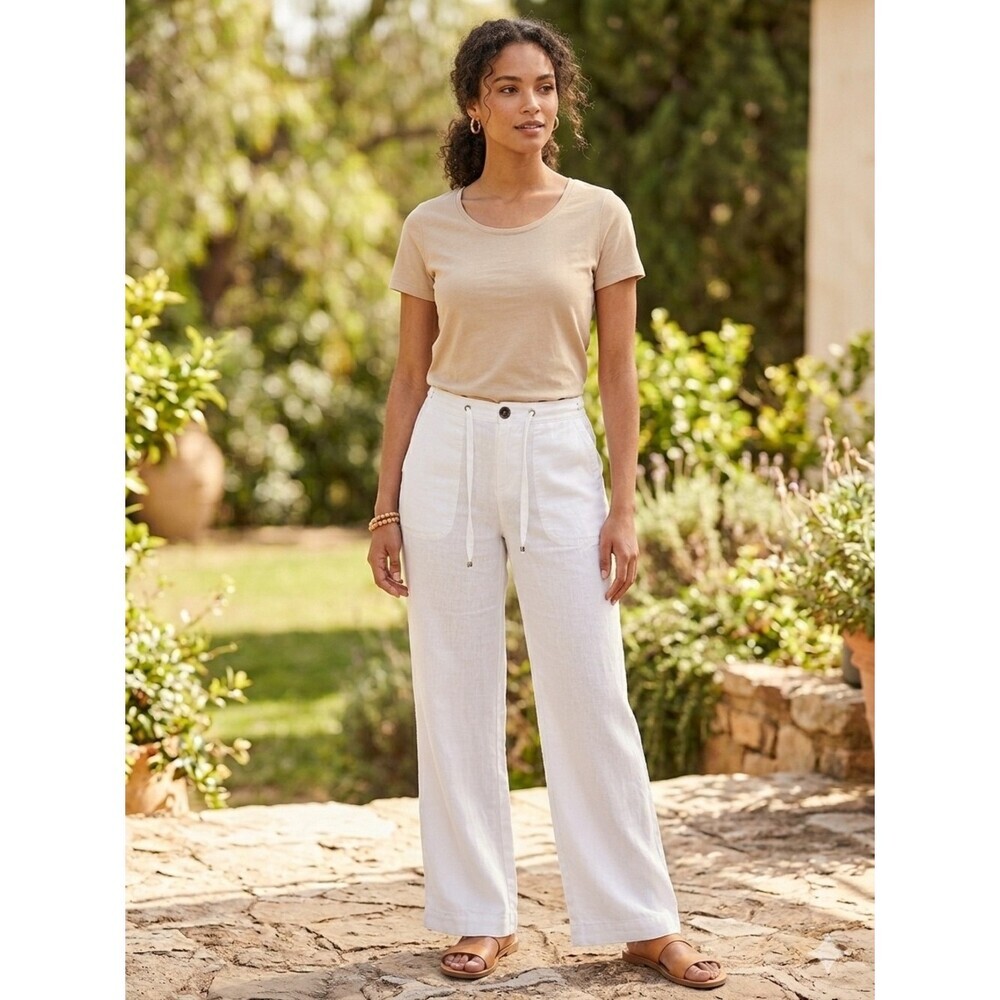ESPRIT White Cotton Linen Blend Wide Leg Pants Drawstring Coastal Neutral - 8